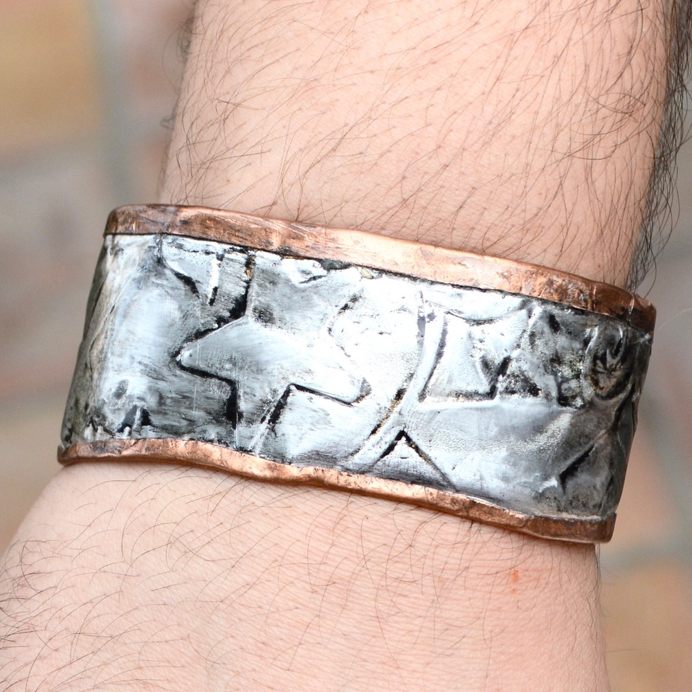 Mens Solid Copper Cuff Bracelet Silver Inlay Star Design Handmade Gift Man - Picture 5 of 7